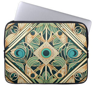Gold and green peacock abstract feathers texture laptop sleeve