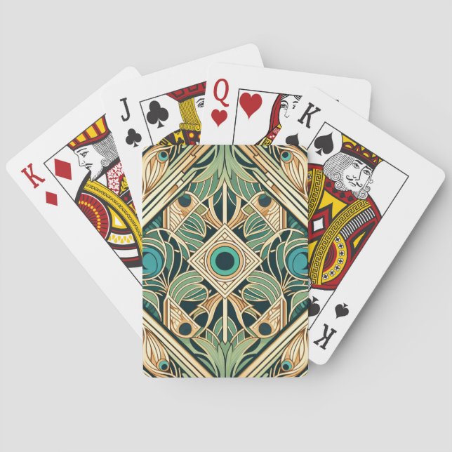 Gold and green peacock abstract feathers texture playing cards (Back)