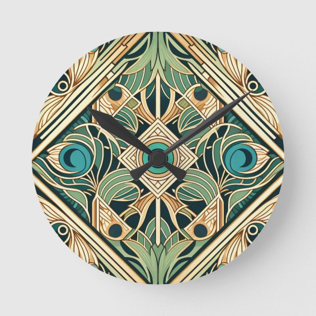 Gold and green peacock abstract feathers texture round clock (Front)