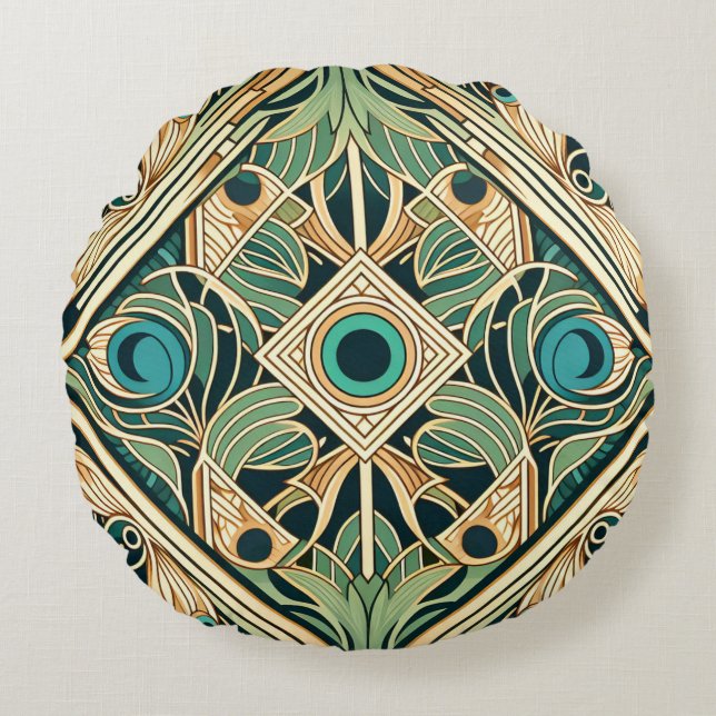 Gold and green peacock abstract feathers texture round cushion (Front)