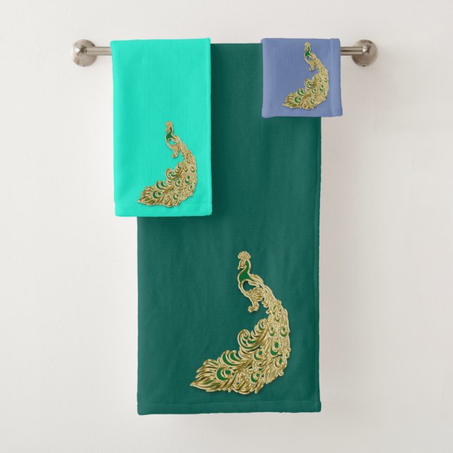 Gold and green peacock glimmering brightly bath towel set (Insitu)