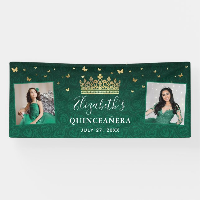Gold and Green Roses 2 Photo Birthday Quinceanera Banner (Horizontal)