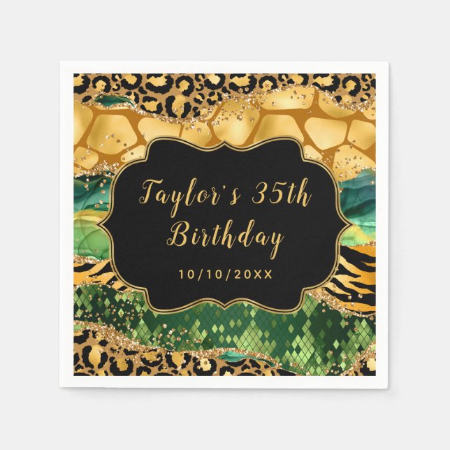 Gold and Green Safari Agate Birthday Napkin (Front)