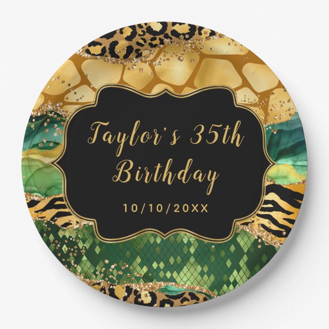 Gold and Green Safari Agate Birthday Paper Plate (Front)