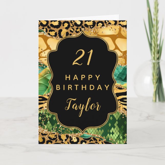 Gold and Green Safari Agate Happy Birthday Card (Front)