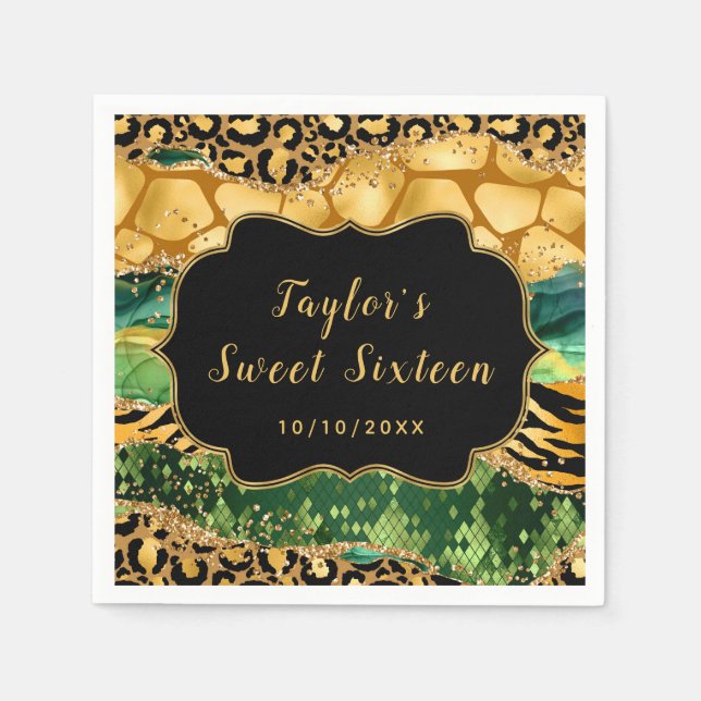 Gold and Green Safari Agate Sweet Sixteen Napkin (Front)