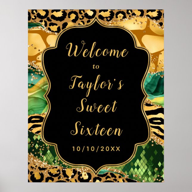 Gold and Green Safari Agate Sweet Sixteen Welcome Poster (Front)