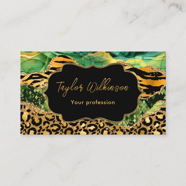 Gold and Green Safari Animal Print Agate Business Card (Front)