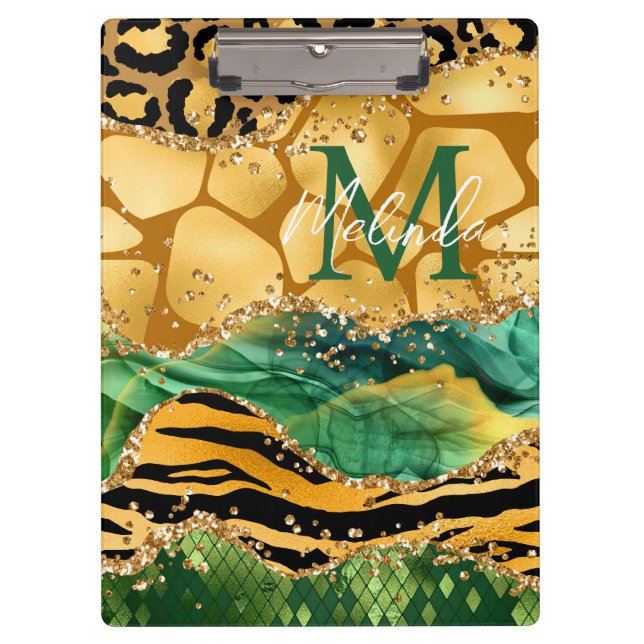 Gold and Green Safari Animal Print Agate Clipboard (Front)