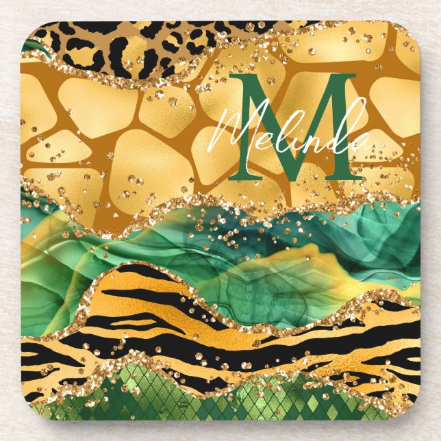 Gold and Green Safari Animal Print Agate Coaster (Front)