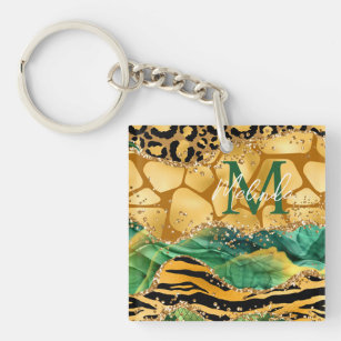 Gold and Green Safari Animal Print Agate Key Ring