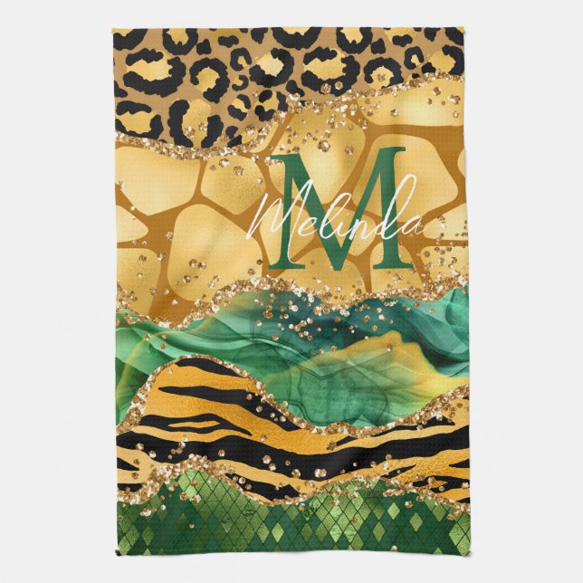 Gold and Green Safari Animal Print Agate Tea Towel (Vertical)