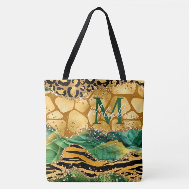 Gold and Green Safari Animal Print Agate Tote Bag (Front)