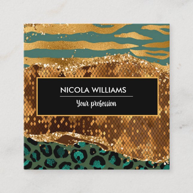 Gold and Green Safari Jungle Animal Print Agate Square Business Card (Front)