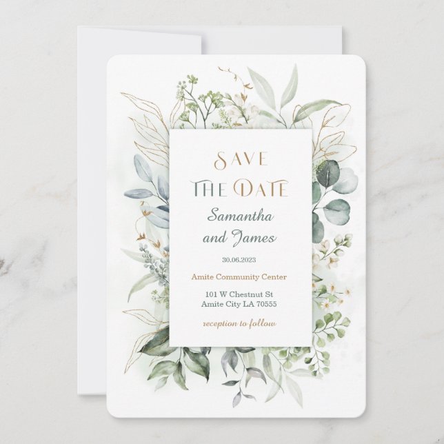 Gold and Green Save The Date Template (Front)