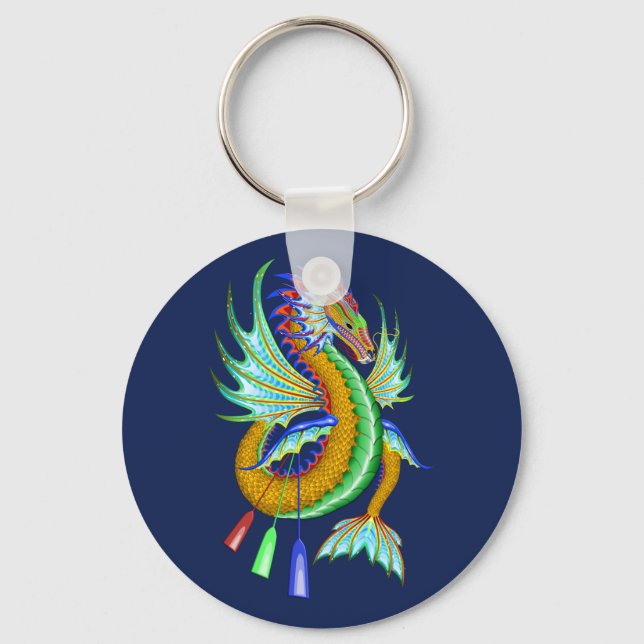 Gold and Green Water Dragon Boat Racing Key Ring (Front)