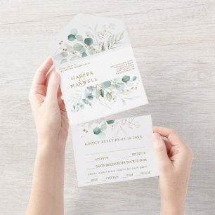 Gold and Green Watercolor Botanical Wedding All In One Invitation