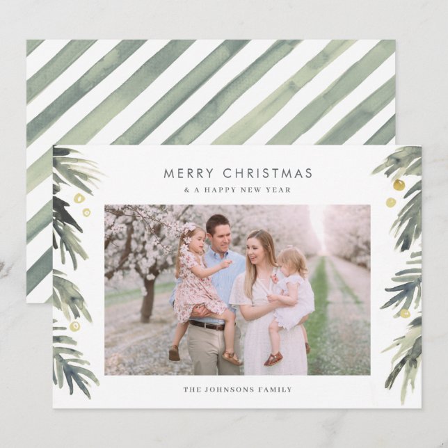 Gold and Green Watercolor Winter Foliage Holiday Card (Front/Back)