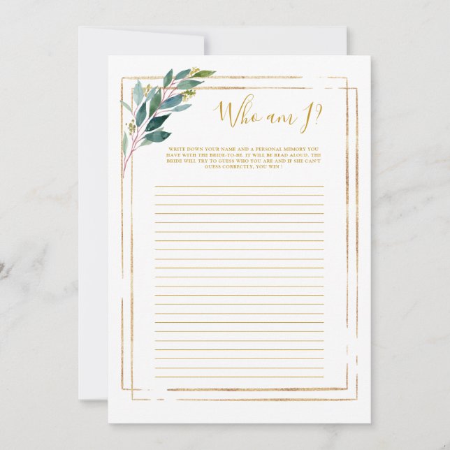 Gold And Greenery Who Am I Bridal Shower Game (Front)
