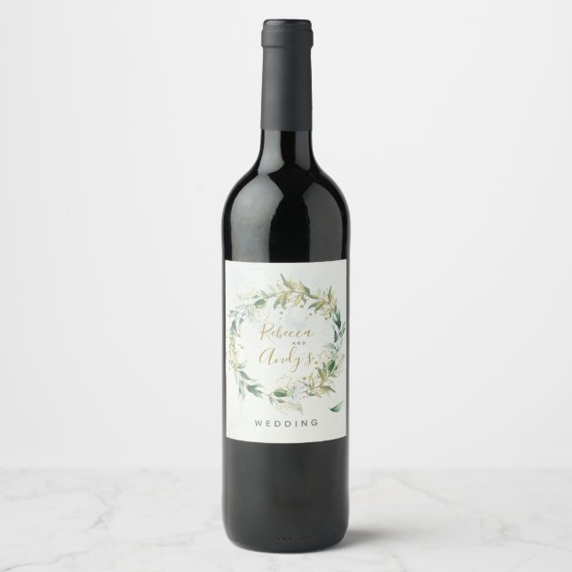 Gold and Greenery wine label, boho wedding Label (Front)