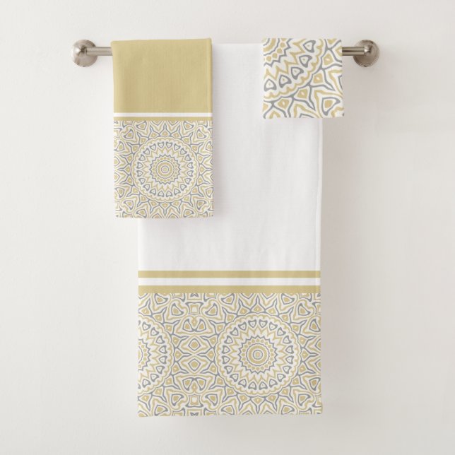 Gold and Grey Modern Mandala Bath Towel Set (Insitu)