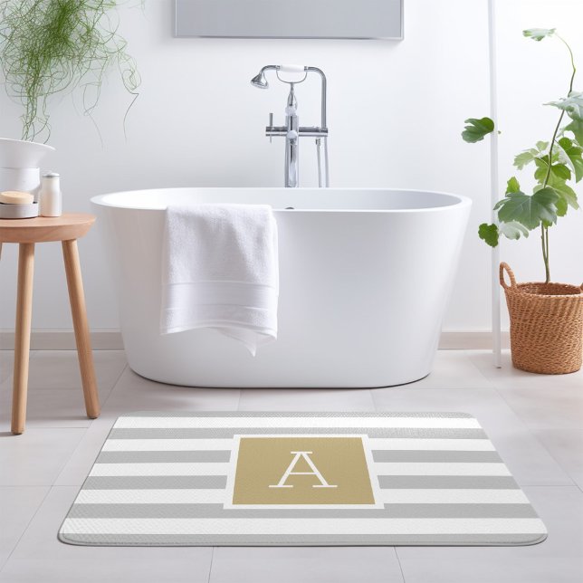 Gold and Grey Stripes Monogram | Editable Colours Bath Mat (Creator Uploaded)