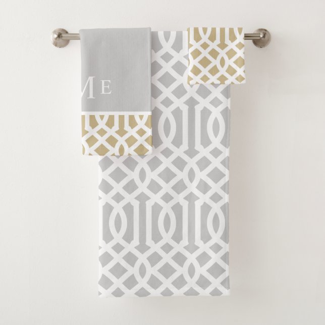 Gold and Grey Trellis Monogram | Editable Colours Bath Towel Set (Insitu)