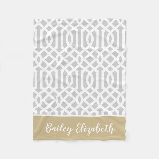 Gold and Grey Trellis Monogram | Editable Colours Fleece Blanket (Front)
