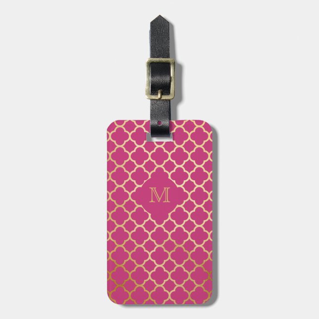 Gold and Hot Pink quatrefoil Luggage Tag (Front Vertical)