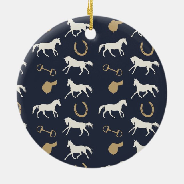 Gold and Ivory English Horses Pattern Ceramic Tree Decoration (Back)