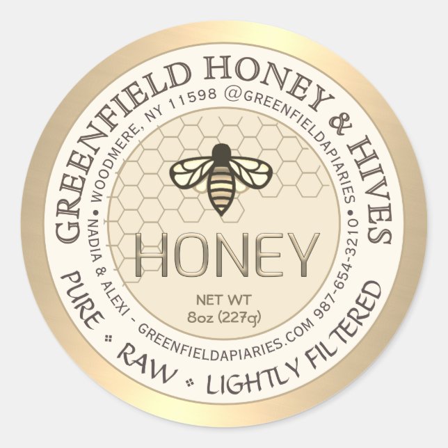 Gold and Ivory Honey Label with Honeycomb and Bee  (Front)