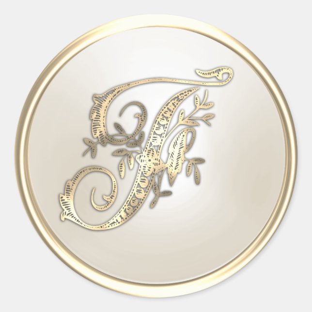 Gold and Ivory Ornate Initial Monogram F Classic Round Sticker (Front)