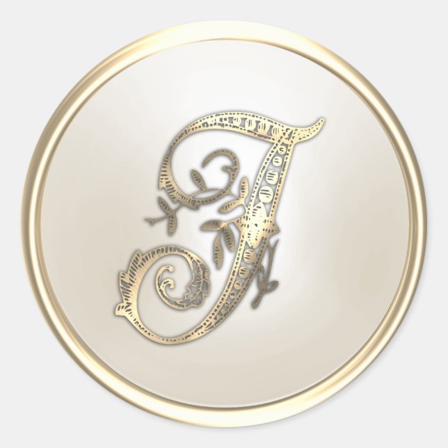 Gold and Ivory Ornate Initial Monogram I Classic Round Sticker (Front)