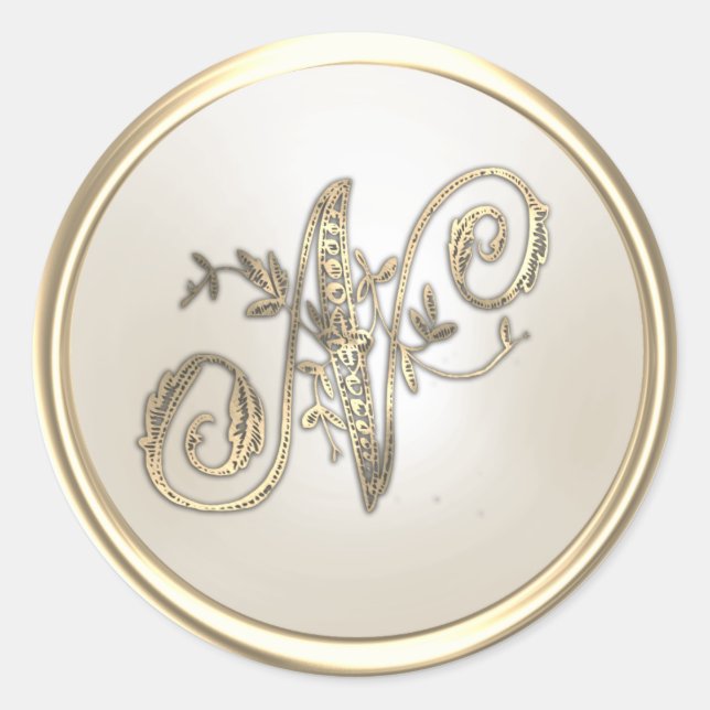 Gold and Ivory Ornate Initial Monogram N Classic Round Sticker (Front)