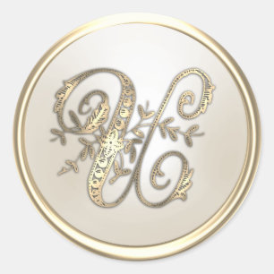 Gold and Ivory Ornate Initial Monogram U Classic Round Sticker