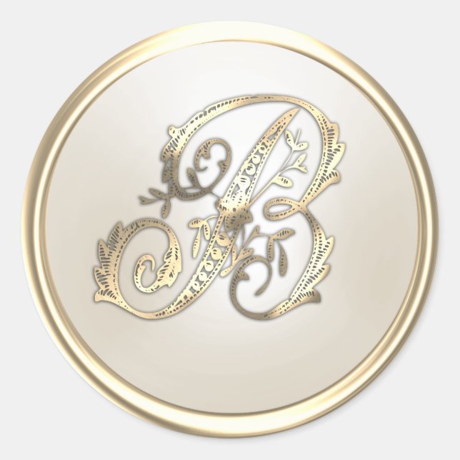 Gold and Ivory Ornate Monogram B Classic Round Sticker (Front)