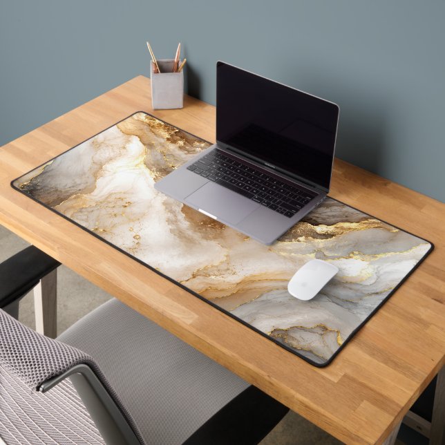 Gold and Ivory White Marble Abstract Desk Mat (Office 2)