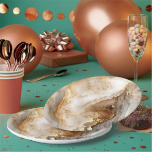 Gold and Ivory White Marble Abstract Paper Plate