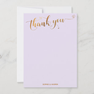 Gold and Lavender Thank You Calligraphy & Hearts Card