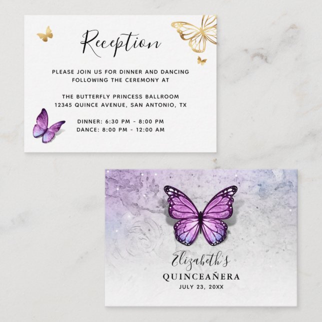 Gold and Light Purple Butterfly Details Enclosure Card (Front/Back)