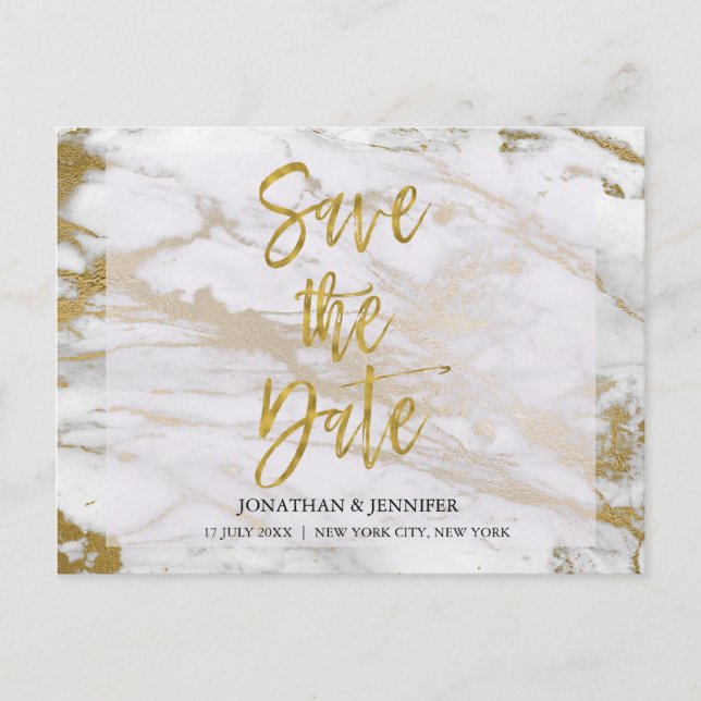 Gold and Marble Elegant Save the Date Card (Front)