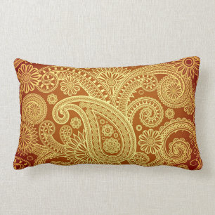 Gold and Maroon Paisley Print Throw Pillow
