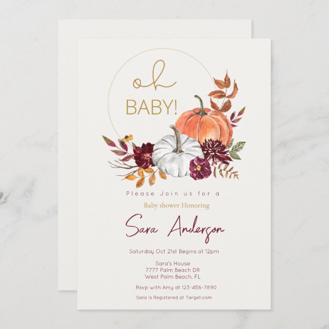 Gold and Maroon Pumpkin Fall Baby Shower  Invitation (Front/Back)