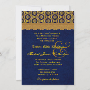 Gold and Midnight Retro Star Pattern Wedding C25 Invitation