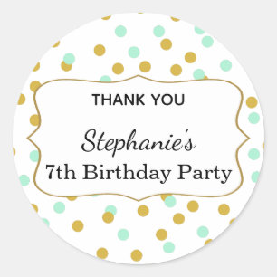 Gold and Mint Green Confetti Birthday Party Classic Round Sticker