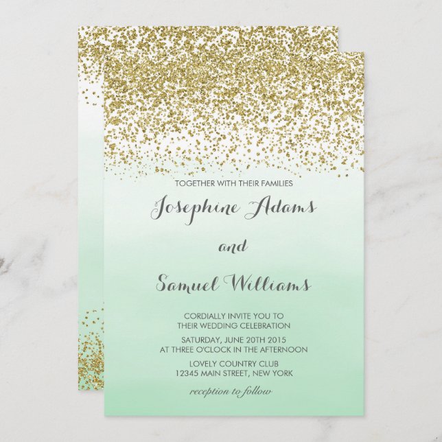Gold and Mint Green Wedding Invitation (Front/Back)