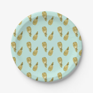 Gold and Mint Watercolor Pineapples Paper Plate