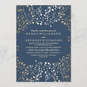 Gold and Navy Baby's Breath Floral Modern Wedding Invitation