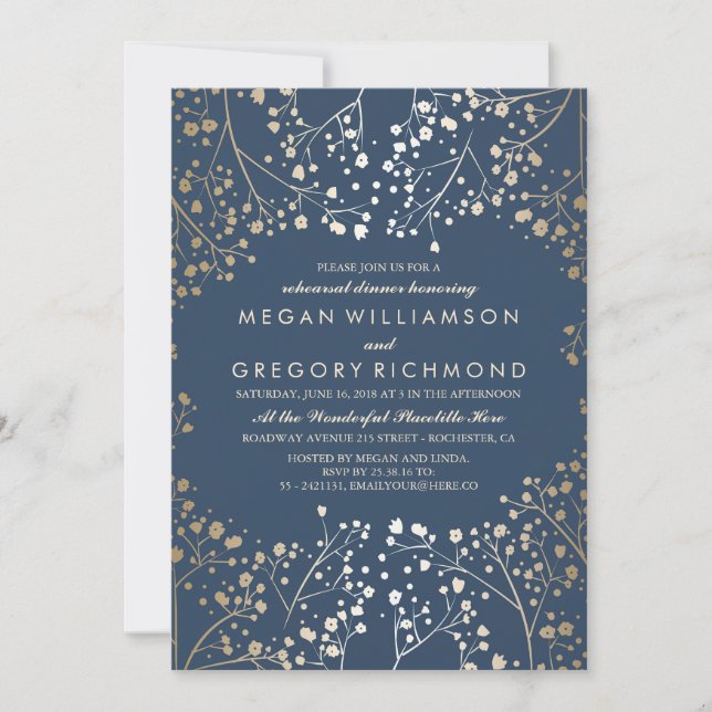 Gold and Navy Baby's Breath Rehearsal Dinner Invitation (Front)