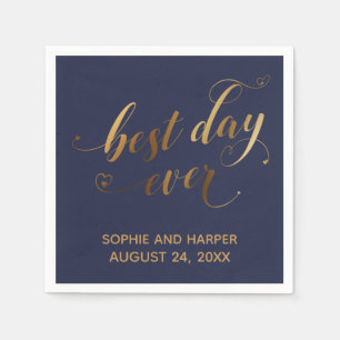 Gold and Navy Best Day Ever, Calligraphy w/ Hearts Napkin